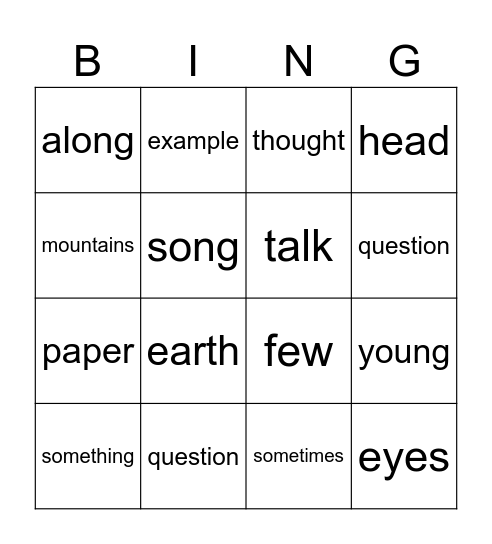 Sight Words Bingo Card