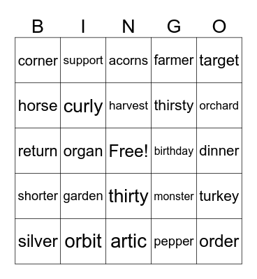ar / or / ir / ur Bingo Card