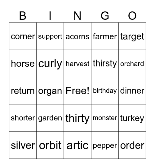 ar / or / ir / ur Bingo Card