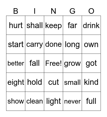 Dolch Sight Words Bingo Card