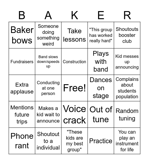 Baker Bingo Card