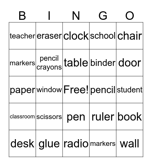 School Bingo Card