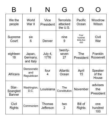 Citizenship Question Bingo Card