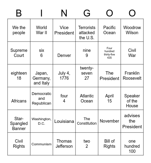 Citizenship Question Bingo Card