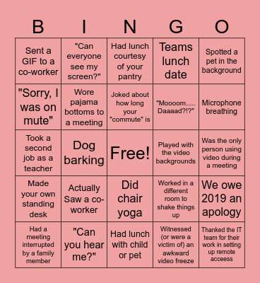 Remote Work Bingo Card