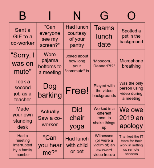 Remote Work Bingo Card