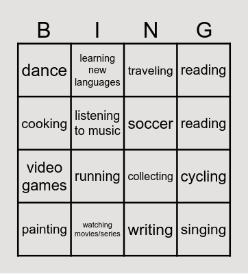 Hobbies Bingo Card