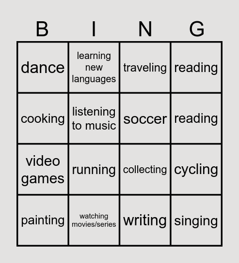 Hobbies Bingo Card