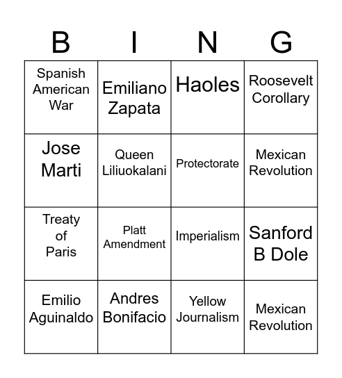 US History Chapter 10 Bingo Card
