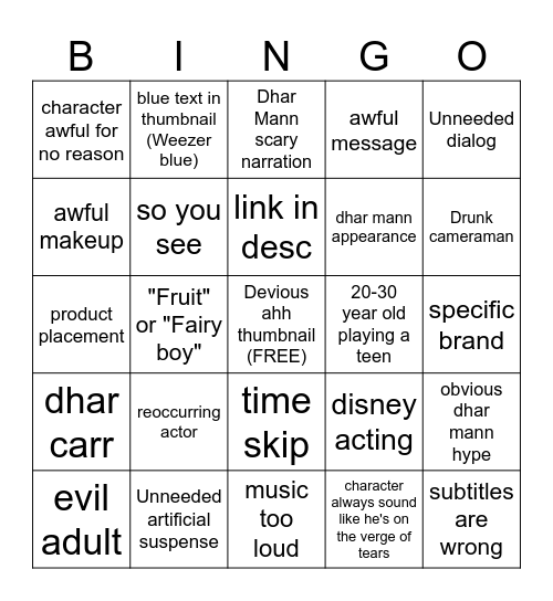 Dhar Mann BINGO Card