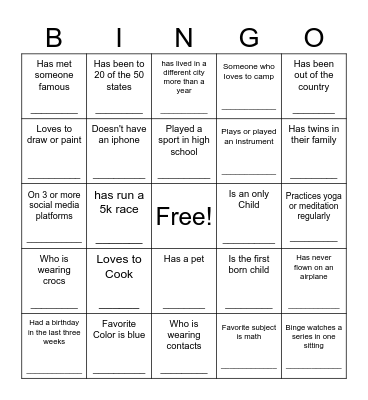 Getting to Know you Bingo Card