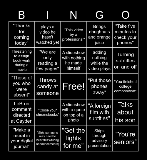 Teacher Bingo Card