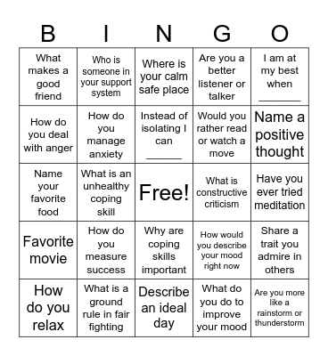 Social/Coping BINGO Card