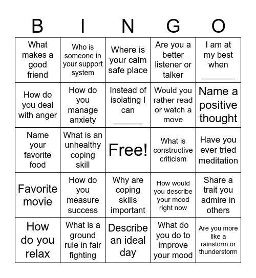 Social/Coping BINGO Card