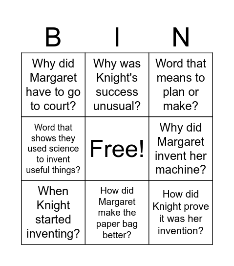 Margaret Knight Highlighting Bingo Card