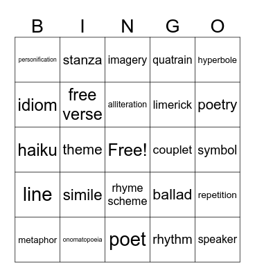 Figurative Language/Poetry Bingo Card
