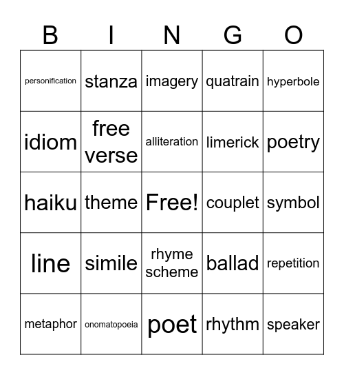 Figurative Language/Poetry Bingo Card