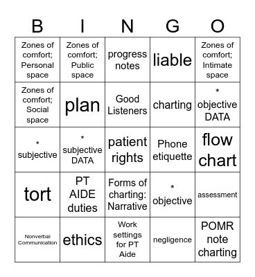 PT Aide Bingo 1 Bingo Card