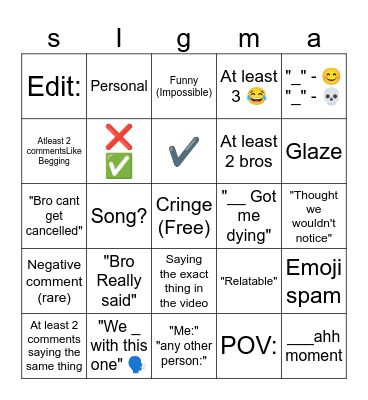Youtube comments Bingo Card