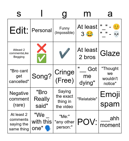 Youtube comments Bingo Card