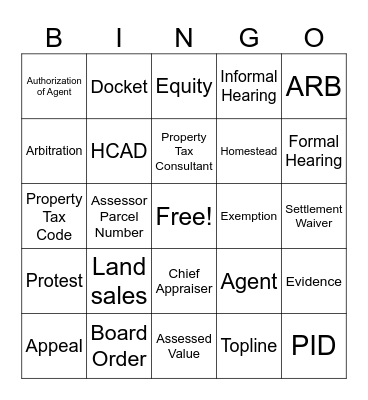 Property Tax Protest Bingo Card