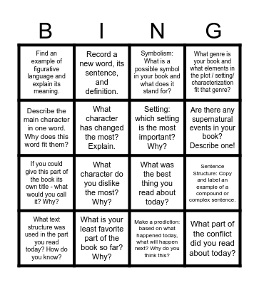 Self Selected Reading Bingo Card