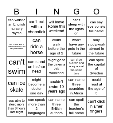 Modal verbs bingo Card