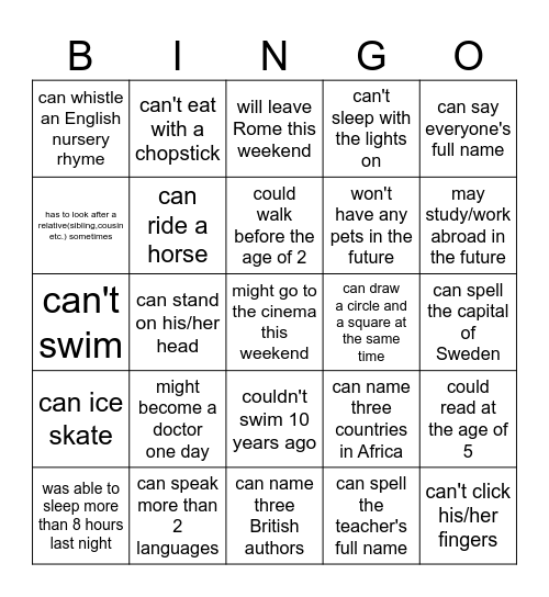 Modal verbs bingo Card