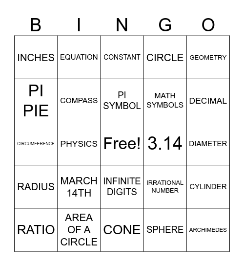 pi day bingo Card