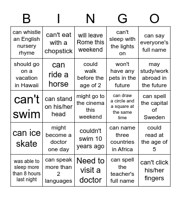 Modal verbs bingo Card