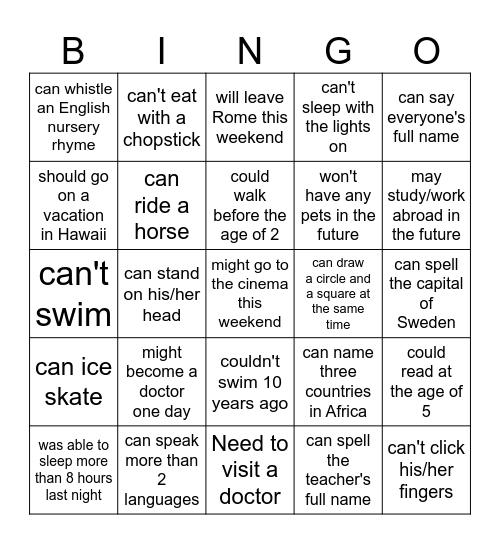 Modal verbs bingo Card