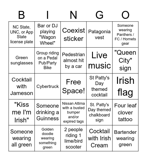 St Patty's Day Bingo Drinking Game (Charlotte Themed) Bingo Card