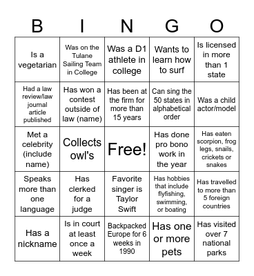 Lady Lawyers Networking Bingo Card