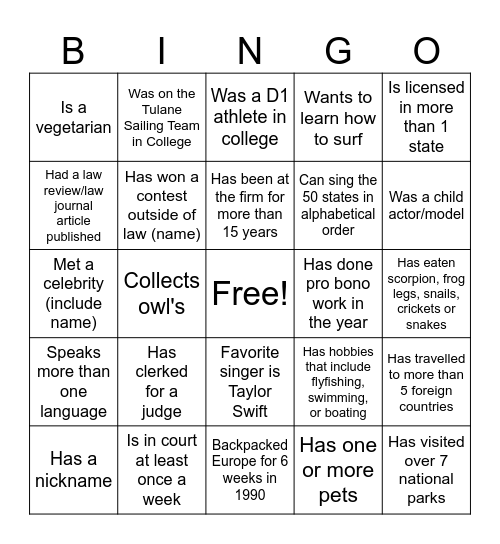 Lady Lawyers Networking Bingo Card