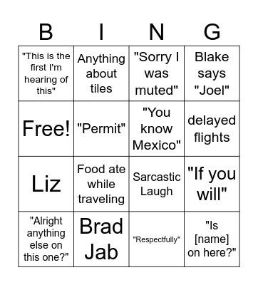 Construction Call Bingo Card