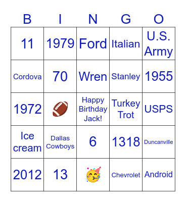 Jack’s Birthday Bingo Card
