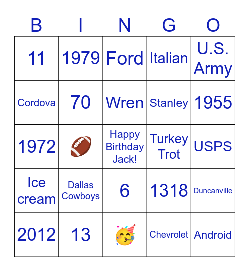 Jack’s Birthday Bingo Card