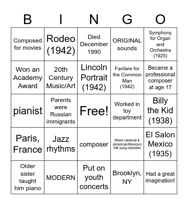 Aaron Copland Bingo Card