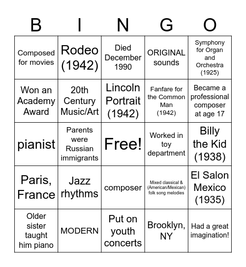 Aaron Copland Bingo Card