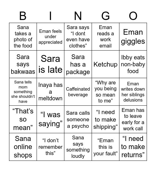 Sister Meal Bingo Card