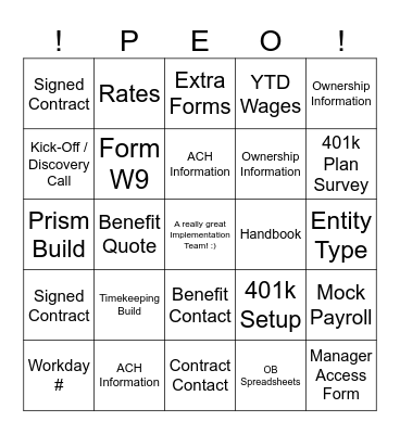 What's Needed for a Successful Implementation Bingo Card