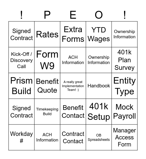 What's Needed for a Successful Implementation Bingo Card
