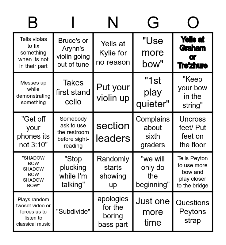 7th Period Orchestra Bingo Card