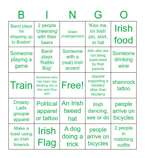 Nocterra Brewing... St Patrick's Day Style Bingo Card