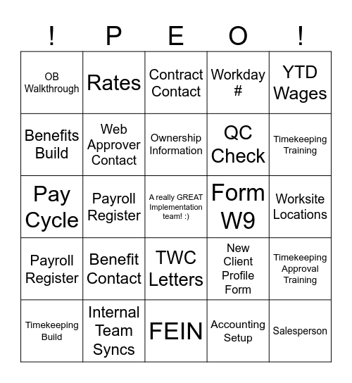 What is needed for a successful Implementation Bingo Card