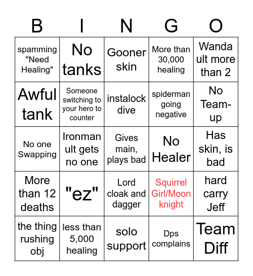 Marvel wivals Bingo Card
