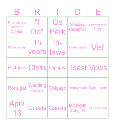 Grayce's Bridal Bingo Card