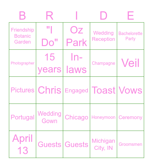 Grayce's Bridal Bingo Card