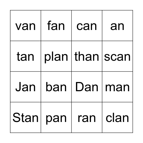 -AN Word Family Bingo Card
