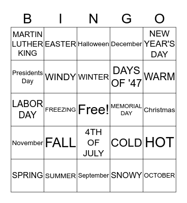 SEASONS AND HOLIDAYS OF THE YEAR Bingo Card